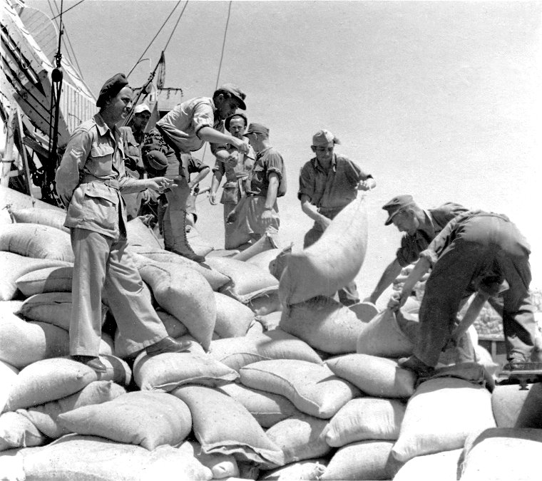 Sacks of food unloaded from ship