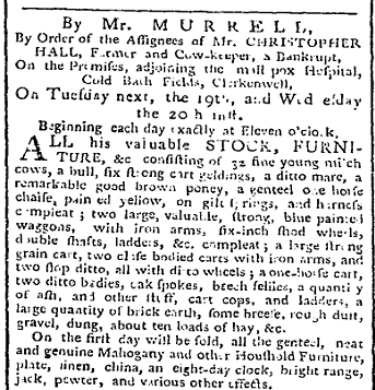 1778 auction of herd at Cold Bath Fields cowkeeper Hall auction advertisement