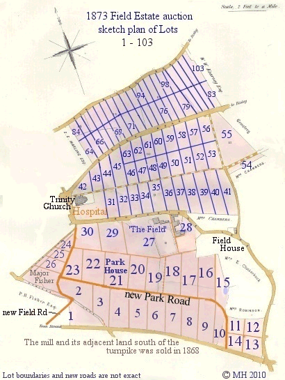 Field Estate as auctioned in 1873 Stroud: Field estate auction Lot map