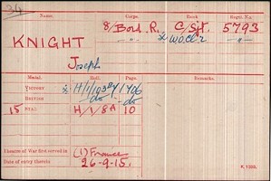 Card on Joe Knight's war medals Joe Knight medal card