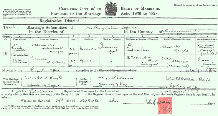 Knight McNorgan marriage certificate