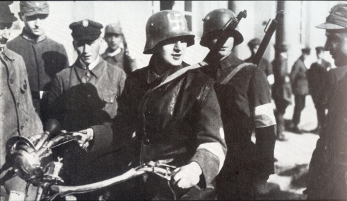 German soldiers with swastikas on their helmets in Bavaria, 1923