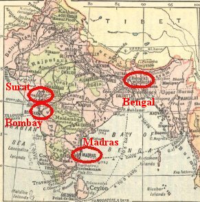 the main East India Company bases in India EIC bases in India
