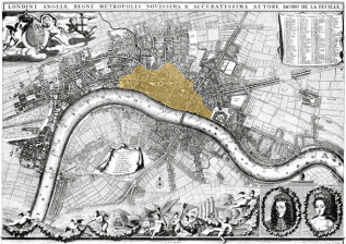 map of London in 1690 showing extent of great fire