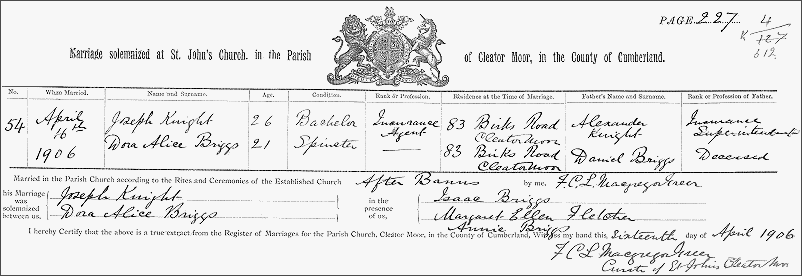 Joe Knight marriage certificate