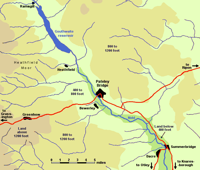 map showing the Nidd valley around Heathfield, near Pateley Bridge