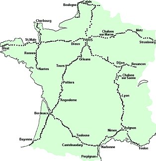 Map of Chappe telegraph stations in France