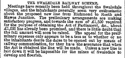 newspaper 15Dec82: new Swaledale railway line