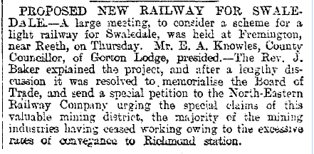 newspaper 19Jan85: proposed Swaledale railway line