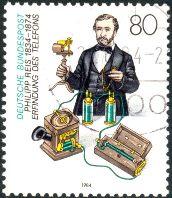stamp showing Reis with his telephone